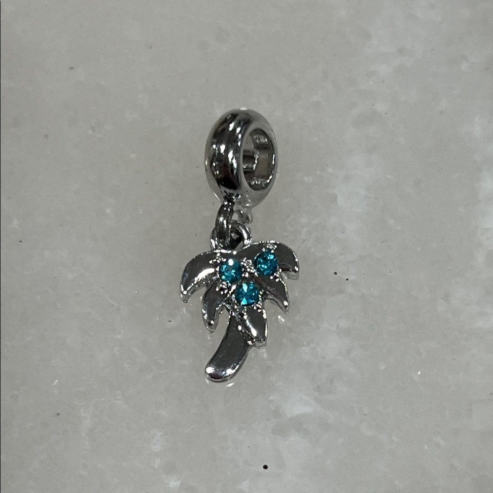 Silver European Palm Tree Charm with Blue Crystal Accents